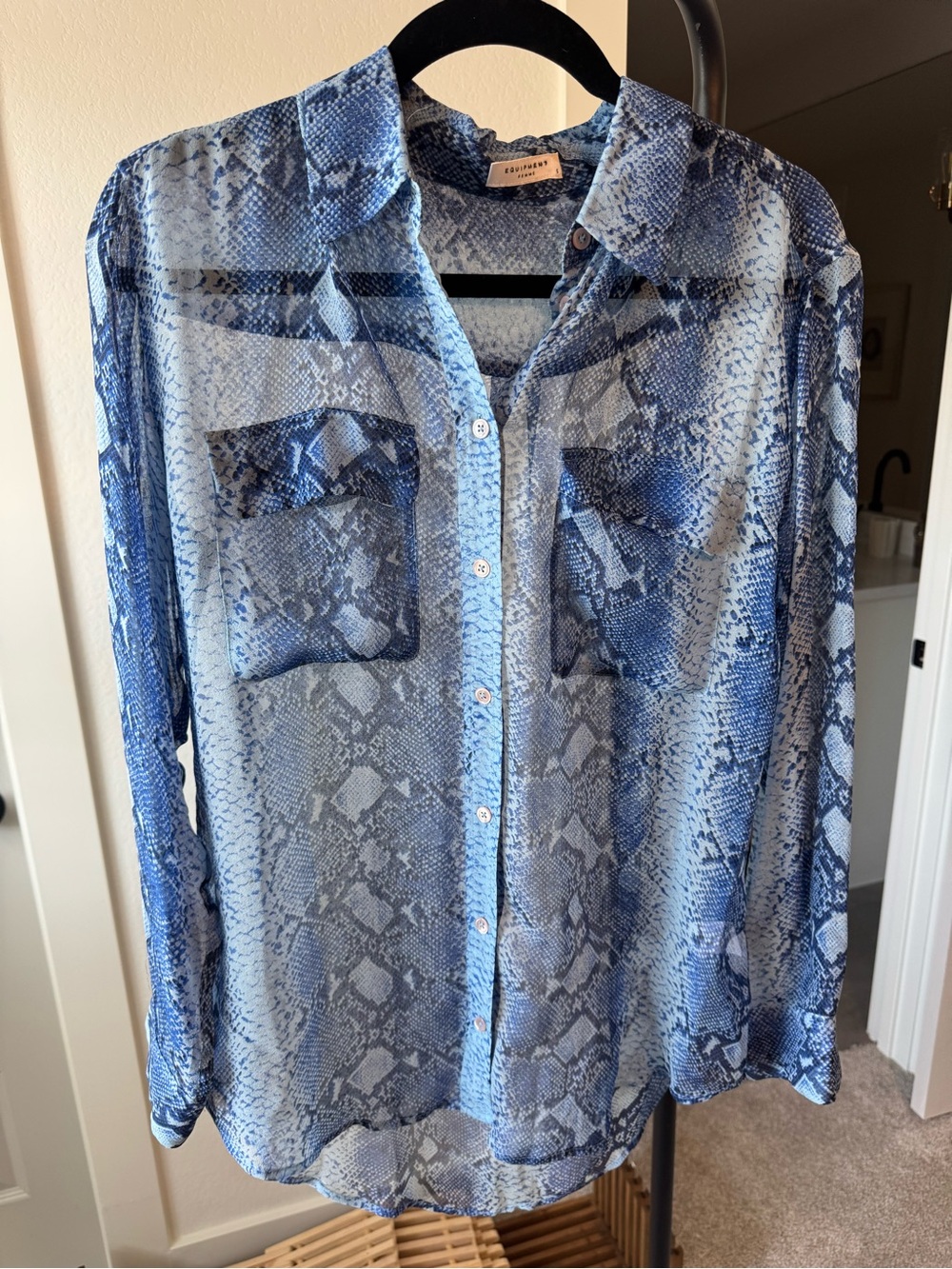 Equipment Blue Snakeskin Print Sheer Button-Up Blouse